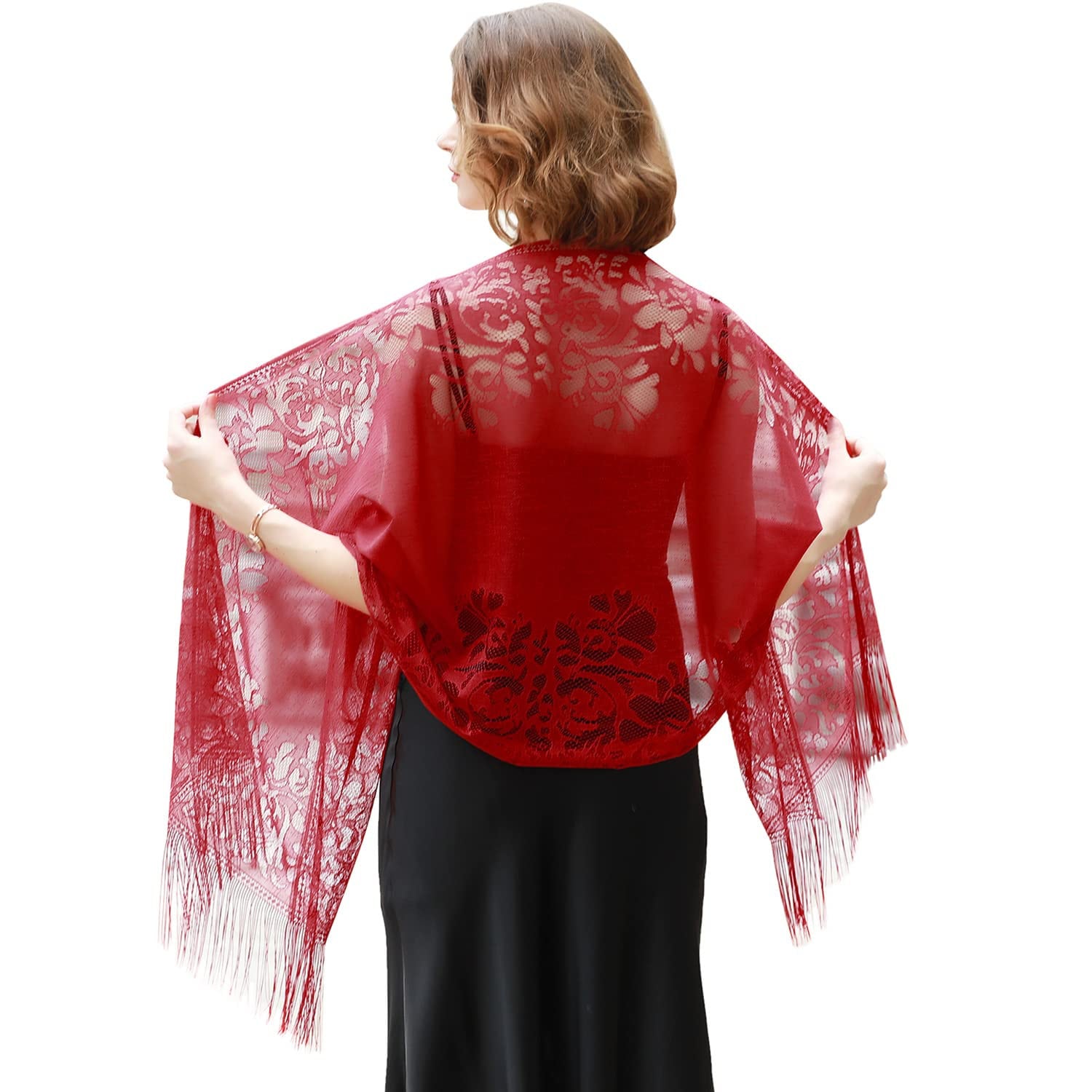 Wedding Evening Party Women Girls Floral Lace Scarf Shawl with Tassels, Soft Mesh Fringe Wraps