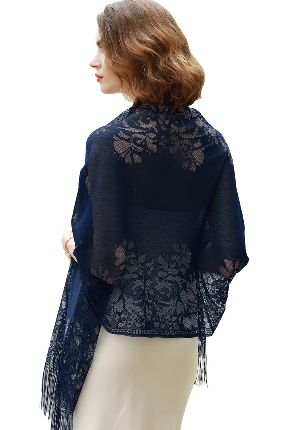Wedding Evening Party Women Girls Floral Lace Scarf Shawl with Tassels, Soft Mesh Fringe Wraps