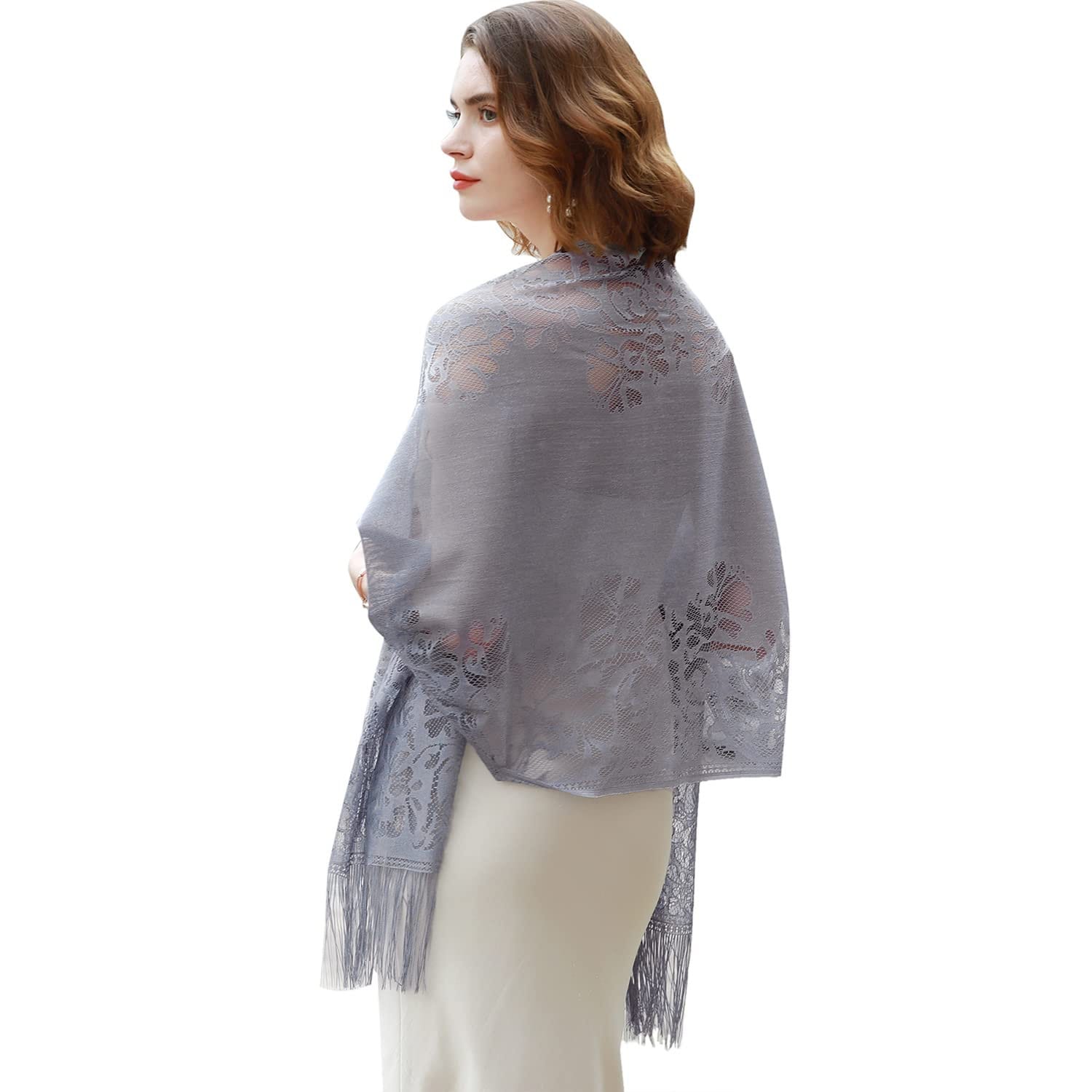 Wedding Evening Party Women Girls Floral Lace Scarf Shawl with Tassels, Soft Mesh Fringe Wraps