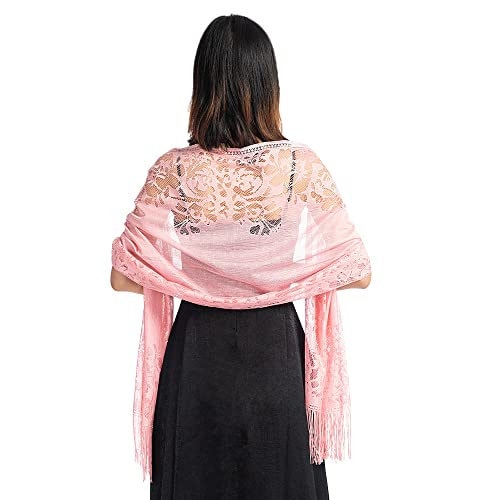 Wedding Evening Party Women Girls Floral Lace Scarf Shawl with Tassels, Soft Mesh Fringe Wraps