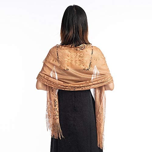 Wedding Evening Party Women Girls Floral Lace Scarf Shawl with Tassels, Soft Mesh Fringe Wraps