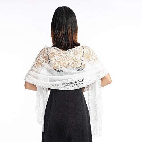 Wedding Evening Party Women Girls Floral Lace Scarf Shawl with Tassels, Soft Mesh Fringe Wraps