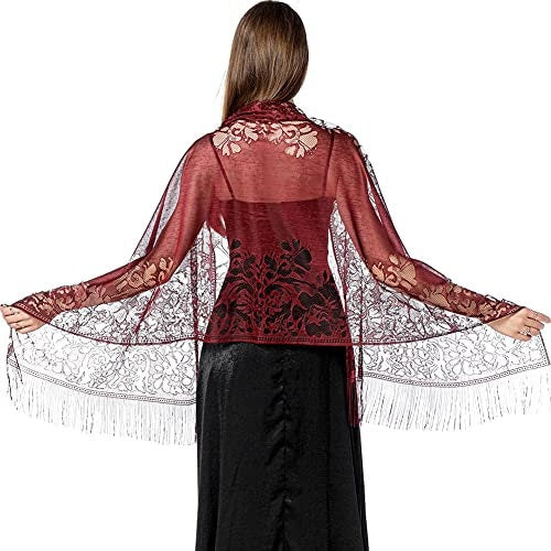 Wedding Evening Party Women Girls Floral Lace Scarf Shawl with Tassels, Soft Mesh Fringe Wraps