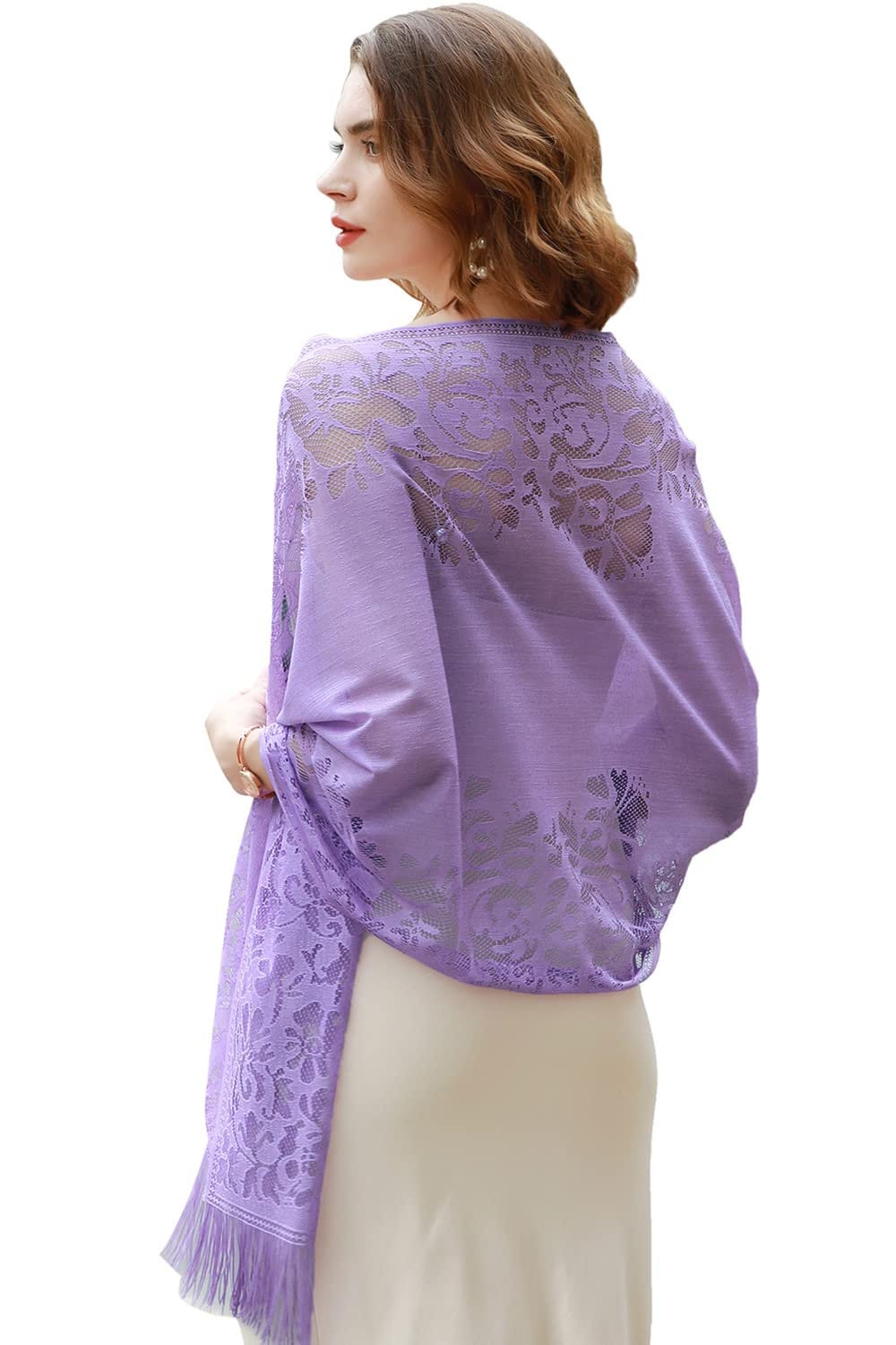 Wedding Evening Party Women Girls Floral Lace Scarf Shawl with Tassels, Soft Mesh Fringe Wraps