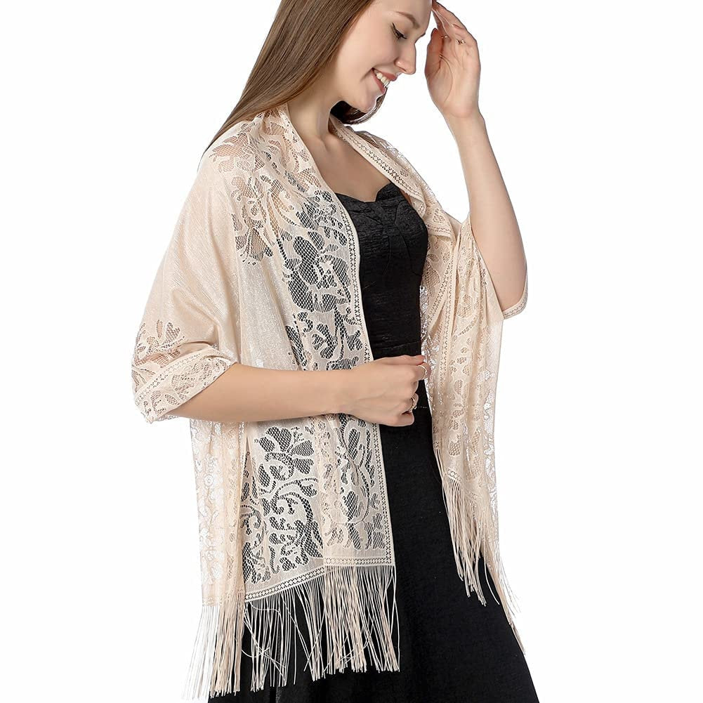 Wedding Evening Party Women Girls Floral Lace Scarf Shawl with Tassels, Soft Mesh Fringe Wraps