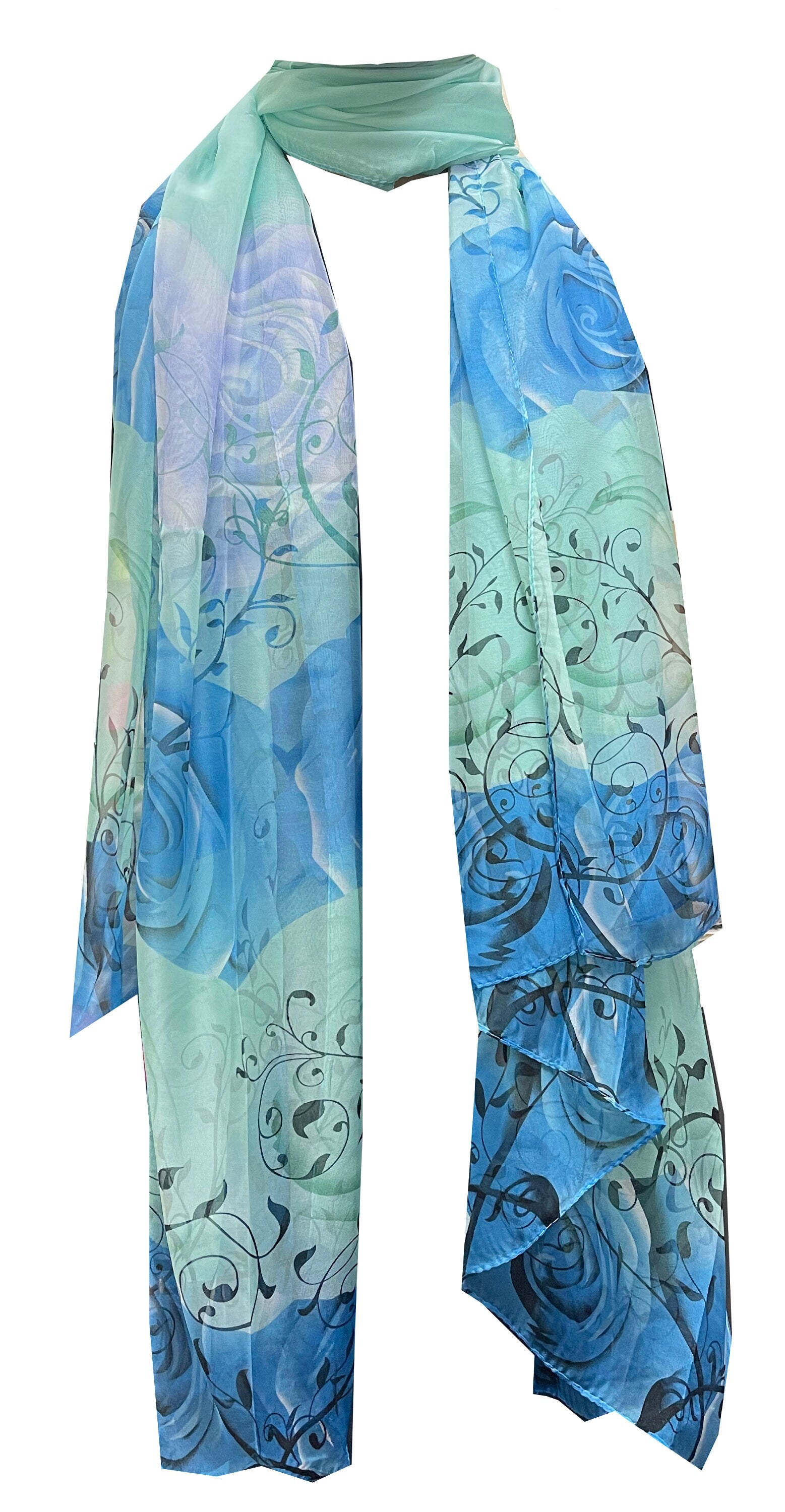 Extra Large Mint and Blue Color Flower Print Large Silk Shawl Scarf Wraps
