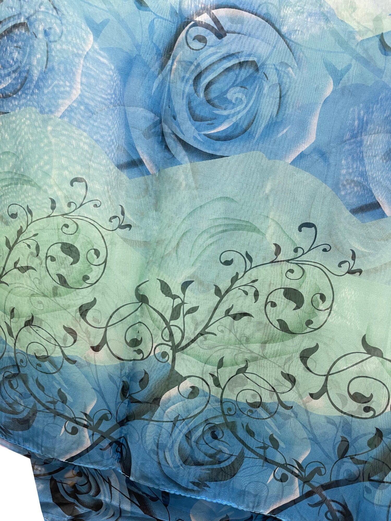 Extra Large Mint and Blue Color Flower Print Large Silk Shawl Scarf Wraps